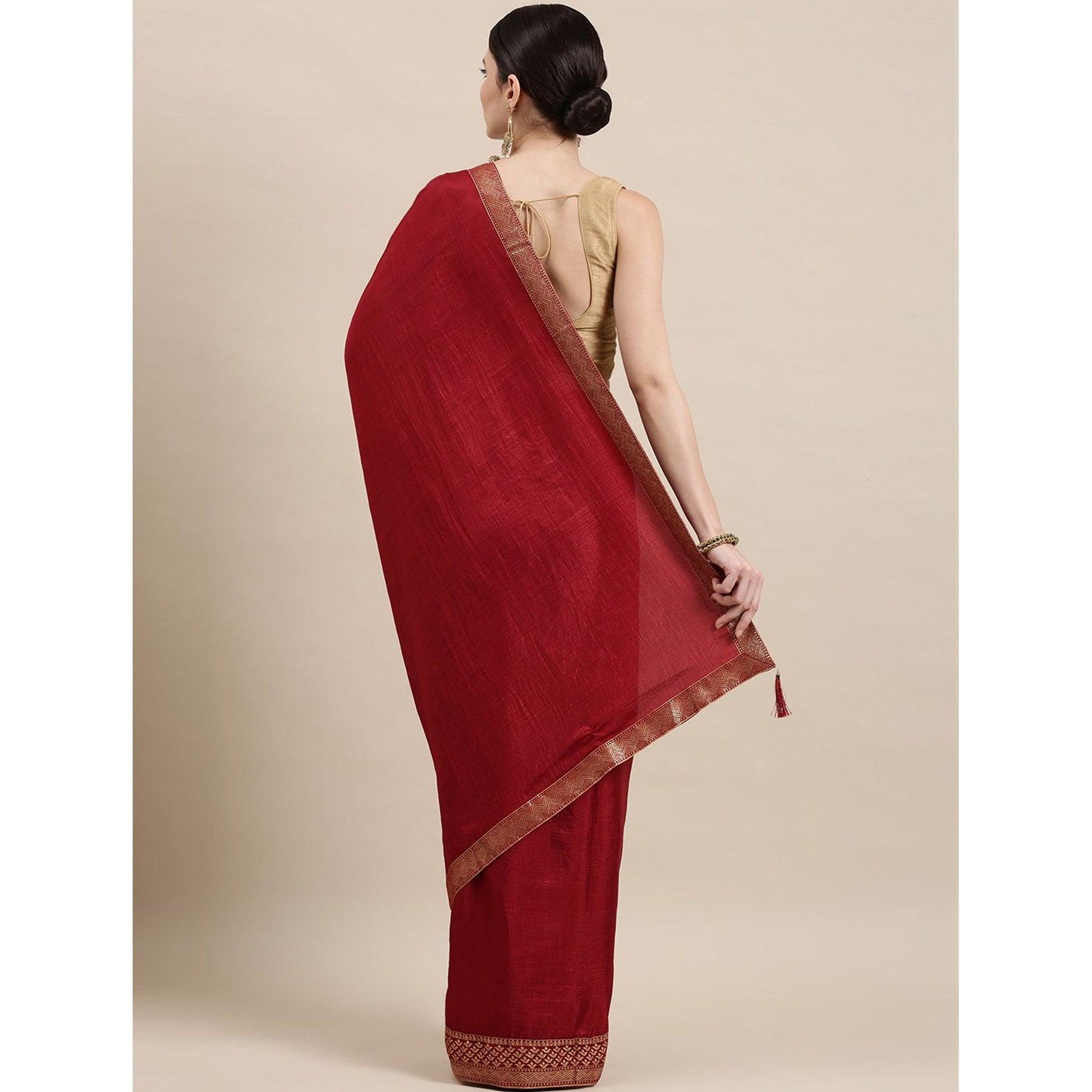 Maroon Solid With Woven Border Vichitra Silk Saree