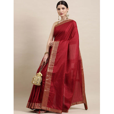 Maroon Solid With Woven Border Vichitra Silk Saree