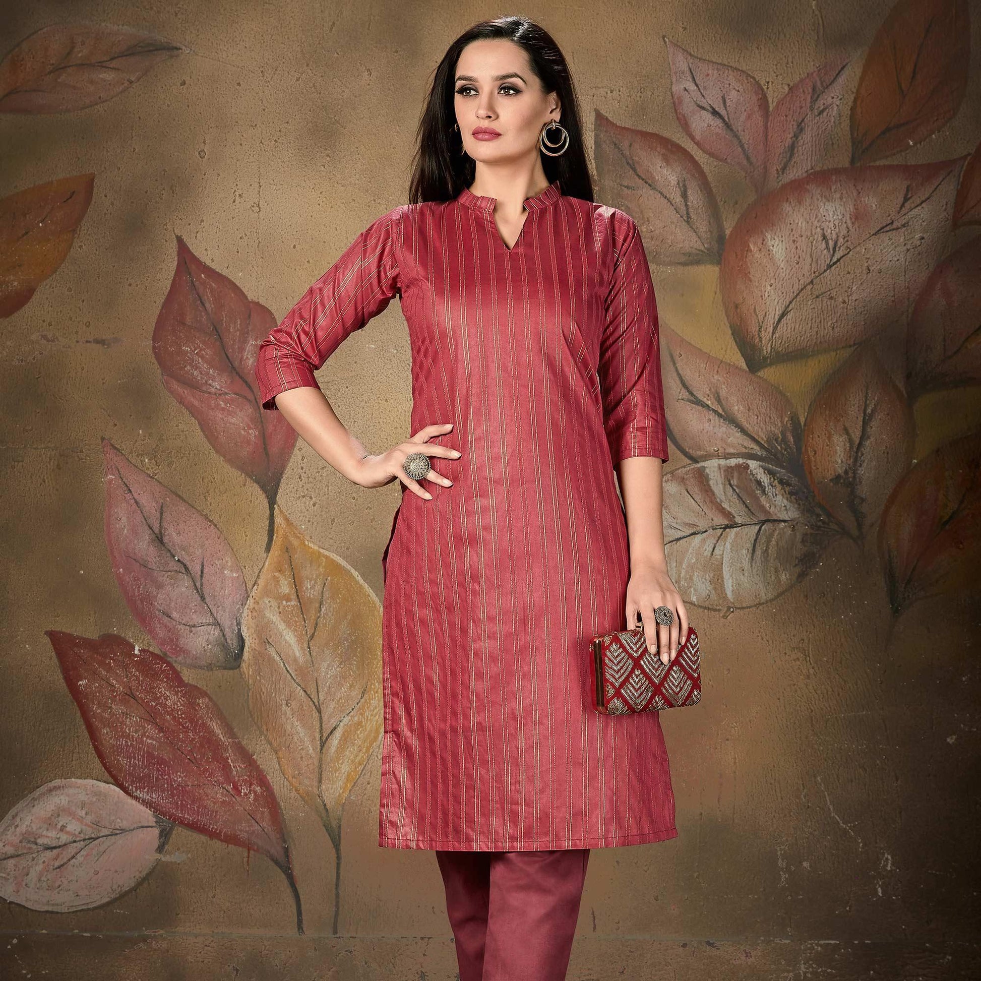 Maroon Stripe Printed Cotton Blend Kurti