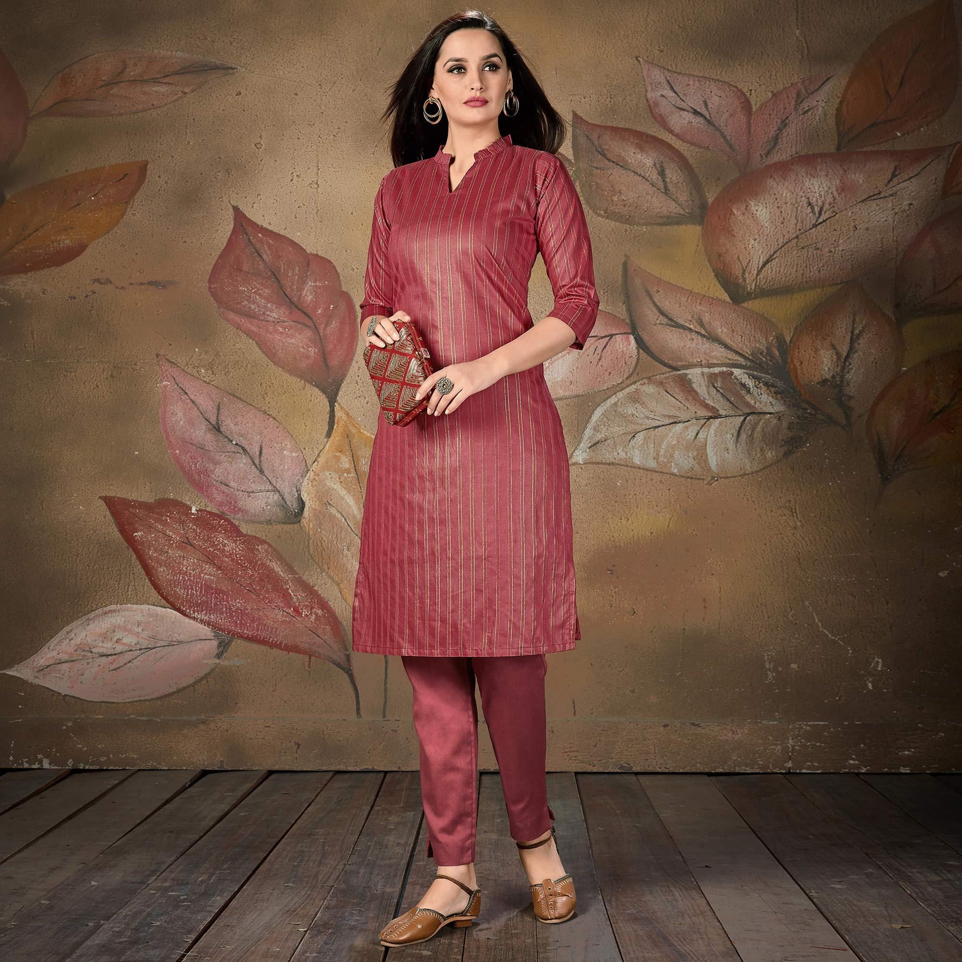 Maroon Stripe Printed Cotton Blend Kurti