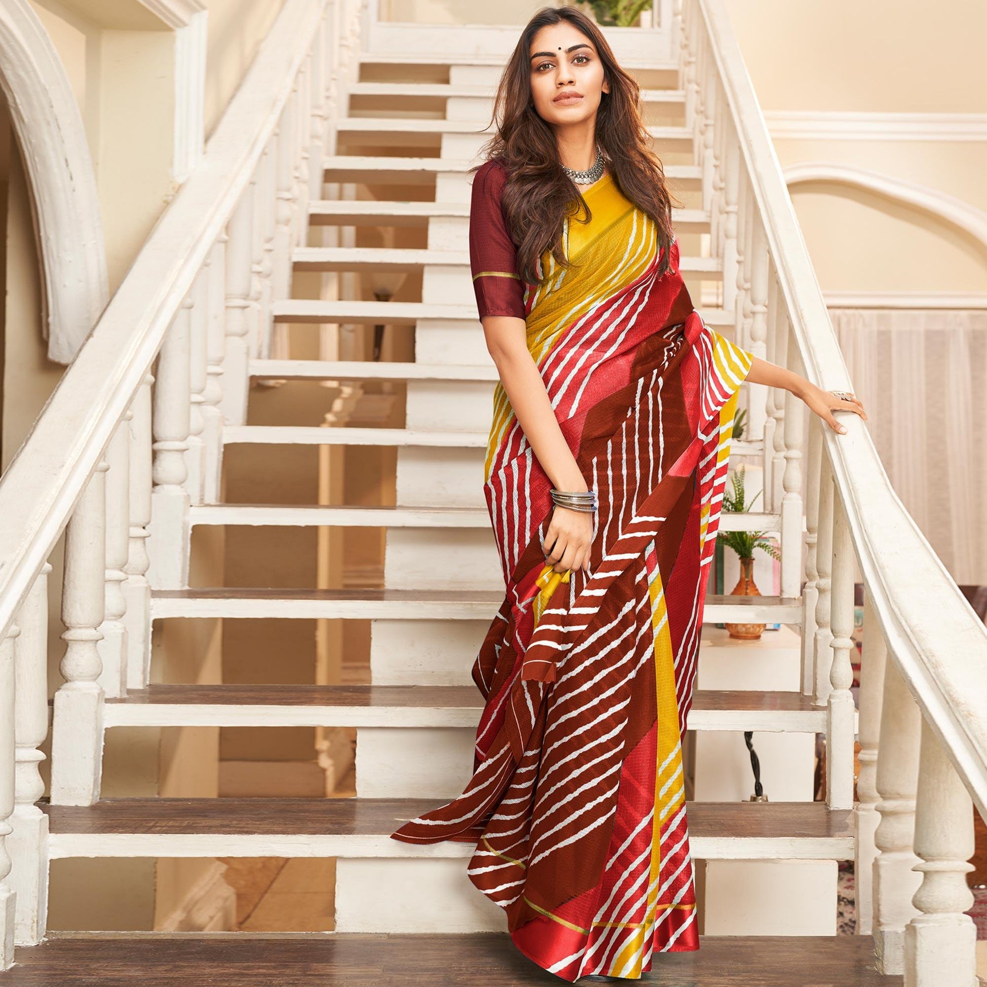 Maroon Striped Printed Kota Doria Saree
