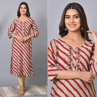 Maroon Striped Printed-Embroidered Muslin Kurti