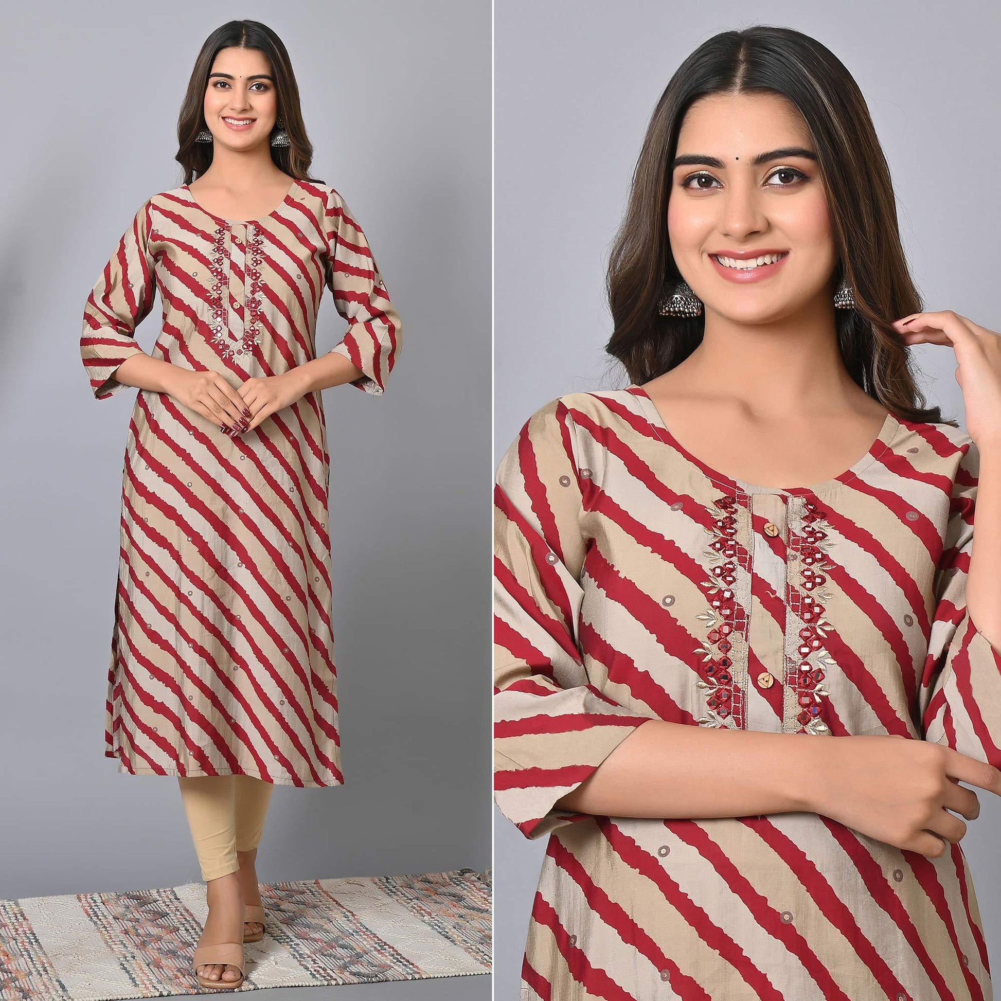 Maroon Striped Printed-Embroidered Muslin Kurti