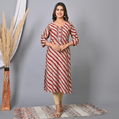 Maroon Striped Printed-Embroidered Muslin Kurti