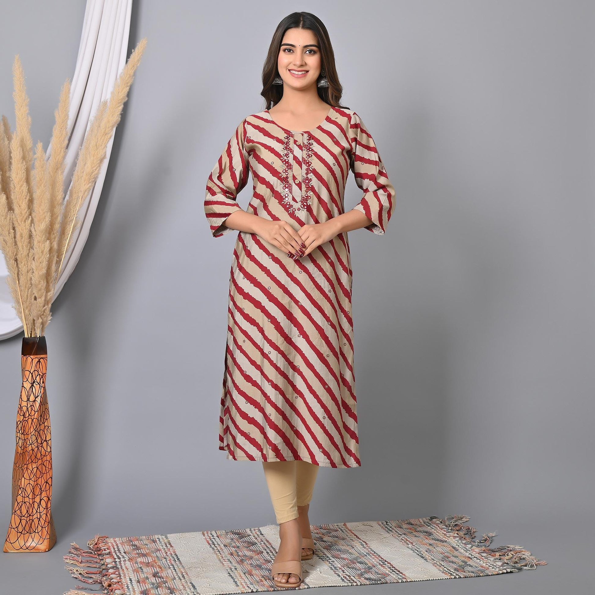 Maroon Striped Printed-Embroidered Muslin Kurti