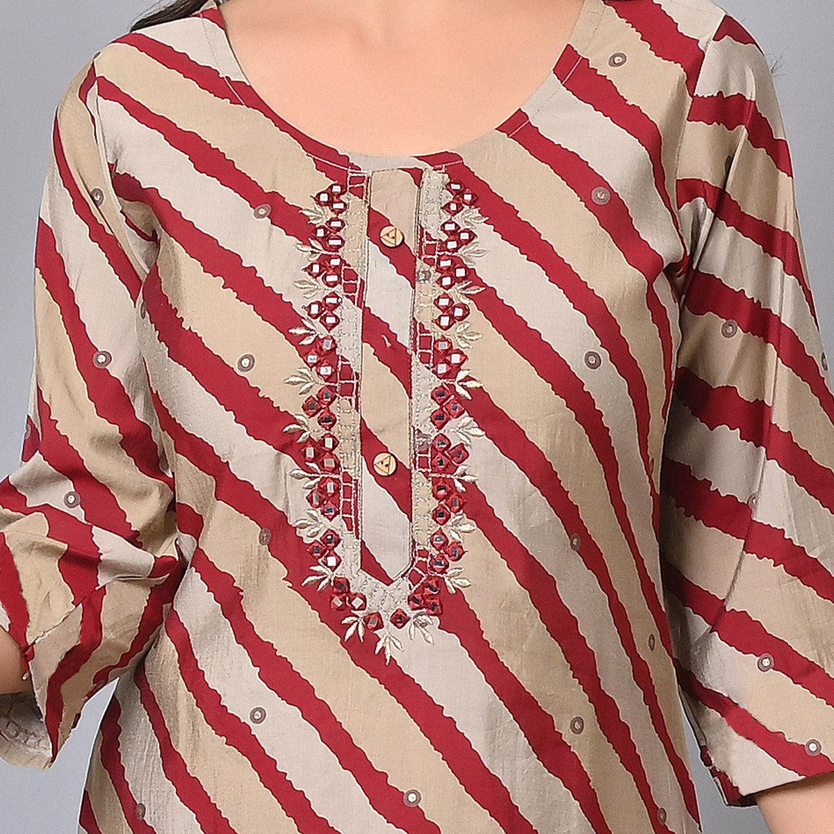 Maroon Striped Printed-Embroidered Muslin Kurti