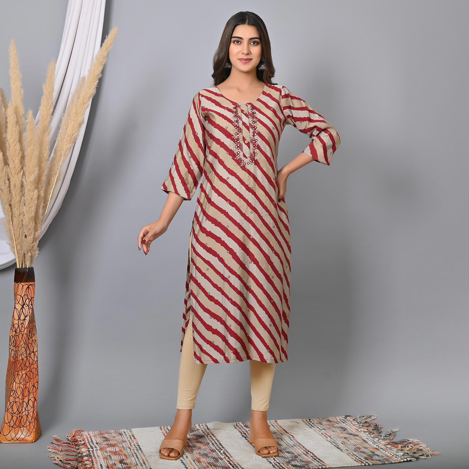 Maroon Striped Printed-Embroidered Muslin Kurti