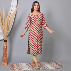 Maroon Striped Printed-Embroidered Muslin Kurti