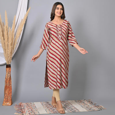 Maroon Striped Printed-Embroidered Muslin Kurti