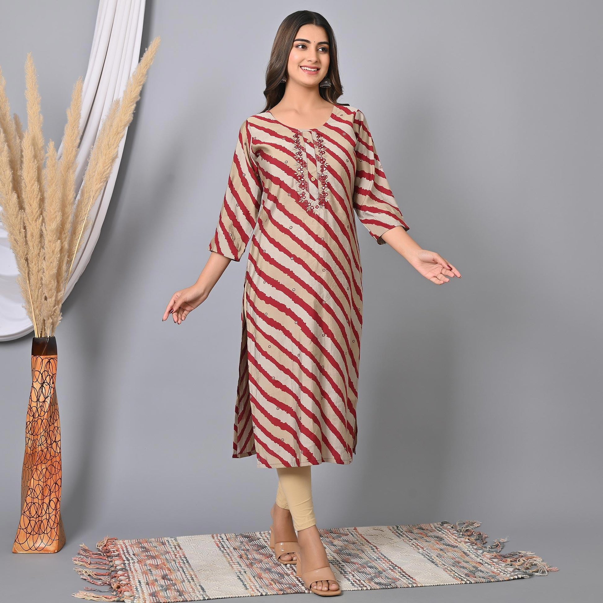 Maroon Striped Printed-Embroidered Muslin Kurti