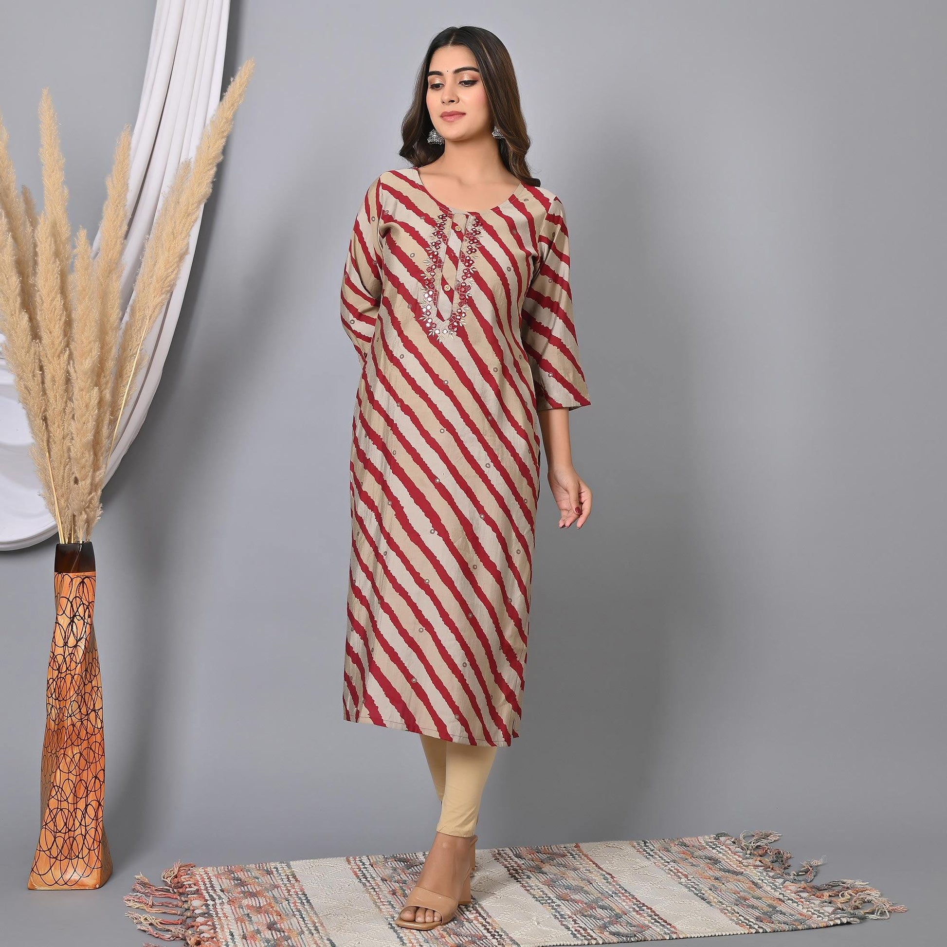 Maroon Striped Printed-Embroidered Muslin Kurti