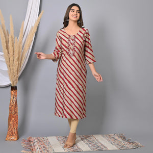 Maroon Striped Printed-Embroidered Muslin Kurti