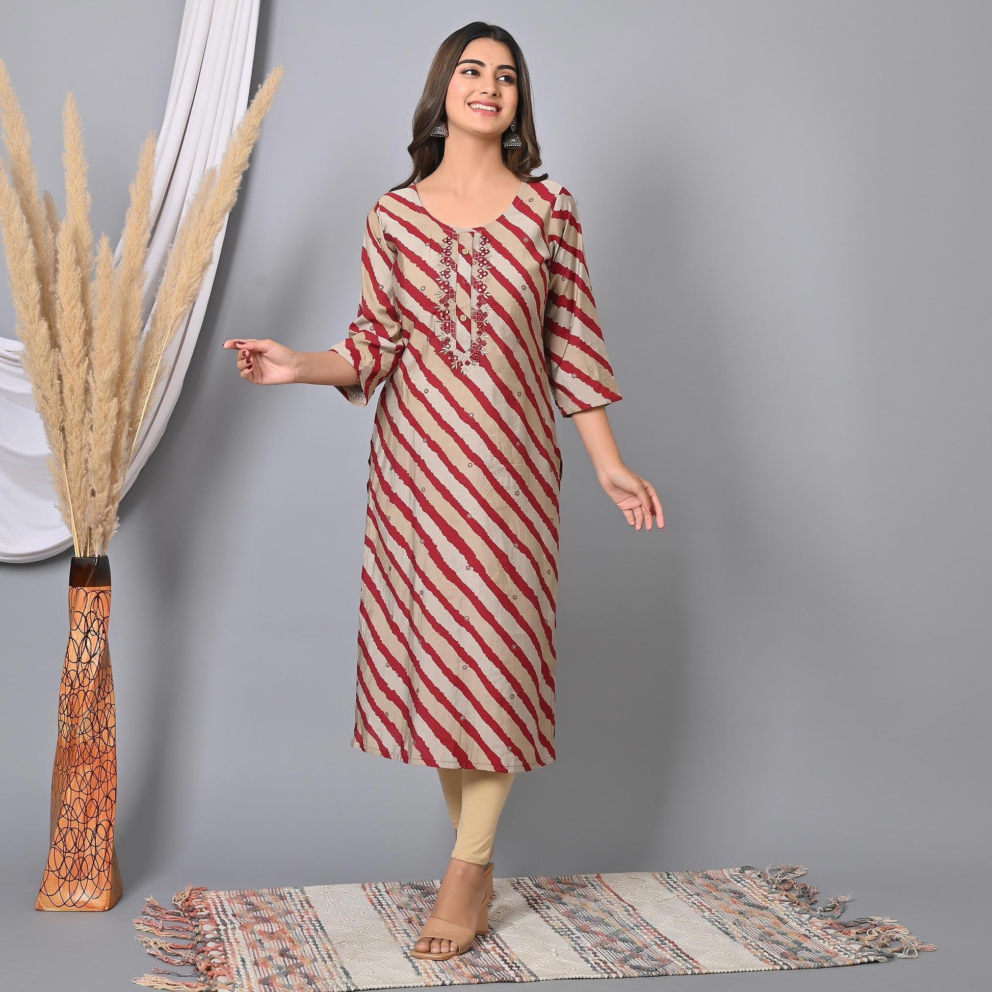 Maroon Striped Printed-Embroidered Muslin Kurti