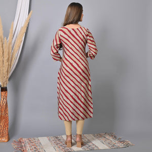 Maroon Striped Printed-Embroidered Muslin Kurti