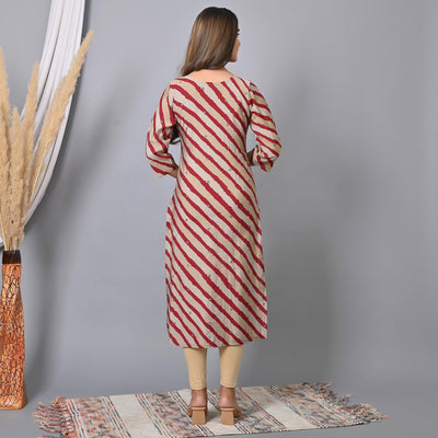 Maroon Striped Printed-Embroidered Muslin Kurti
