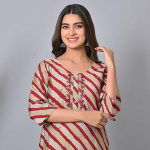 Maroon Striped Printed-Embroidered Muslin Kurti