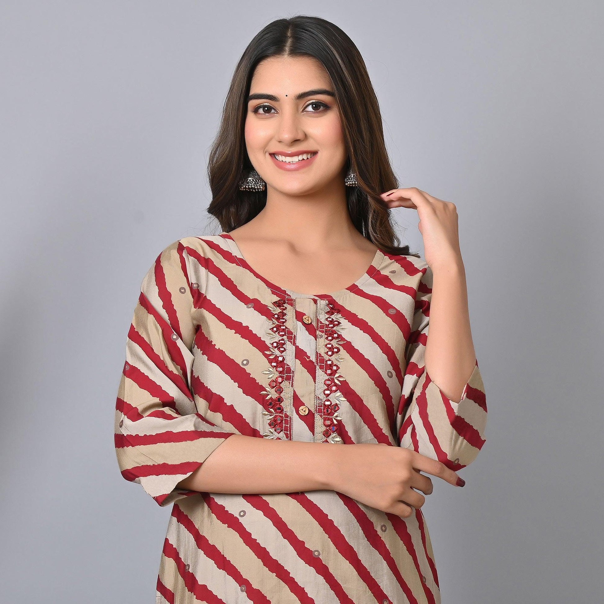 Maroon Striped Printed-Embroidered Muslin Kurti