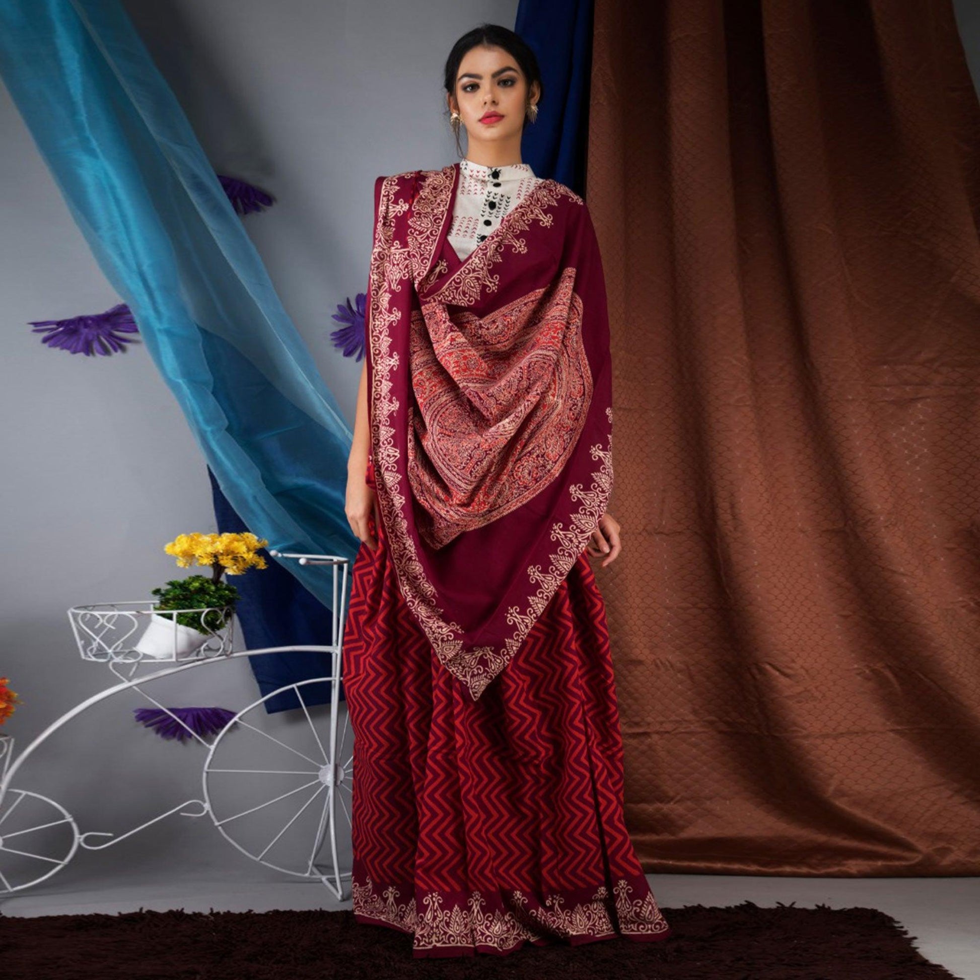 Maroon Striped Printed Linen Saree