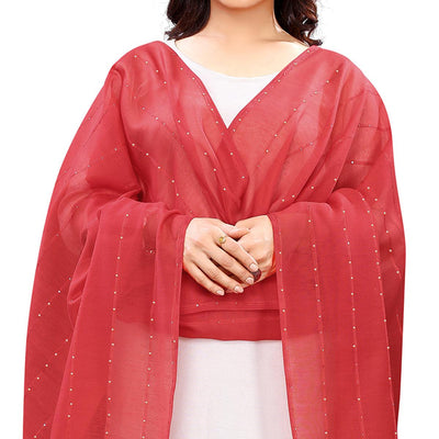 Maroon Stripes Woven Sequins Festive Wear Cotton Silk Dupatta