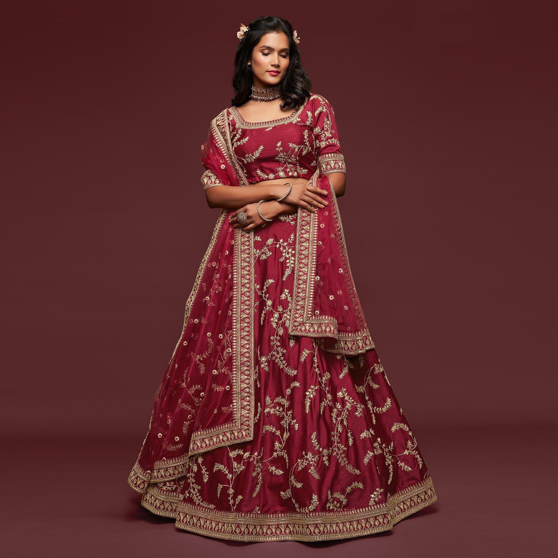 Maroon Wedding Floral Sequins Embroidered Art Silk Lehenga Choli