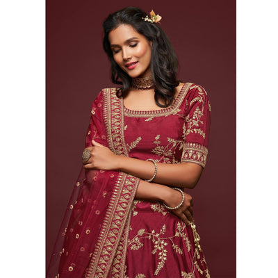 Maroon Wedding Floral Sequins Embroidered Art Silk Lehenga Choli