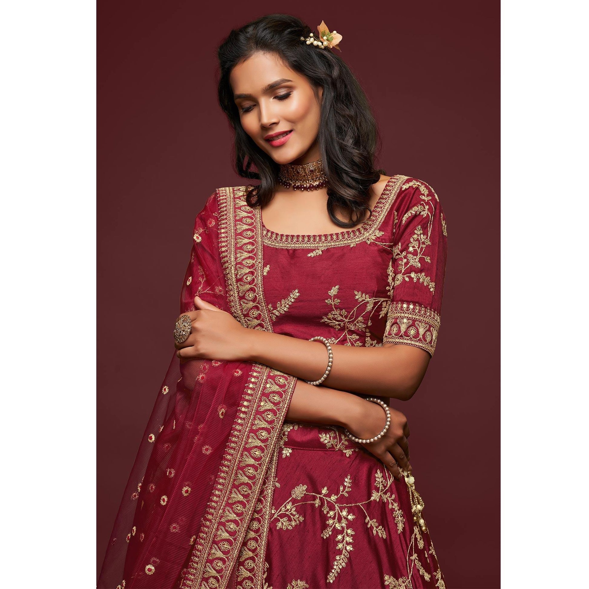 Maroon Wedding Floral Sequins Embroidered Art Silk Lehenga Choli