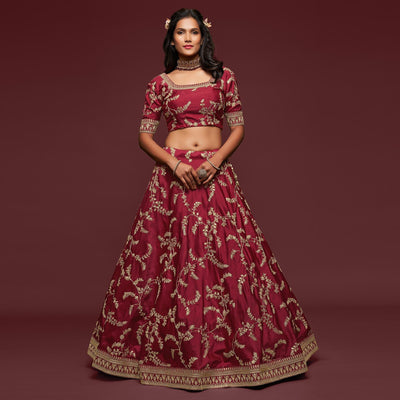 Maroon Wedding Floral Sequins Embroidered Art Silk Lehenga Choli