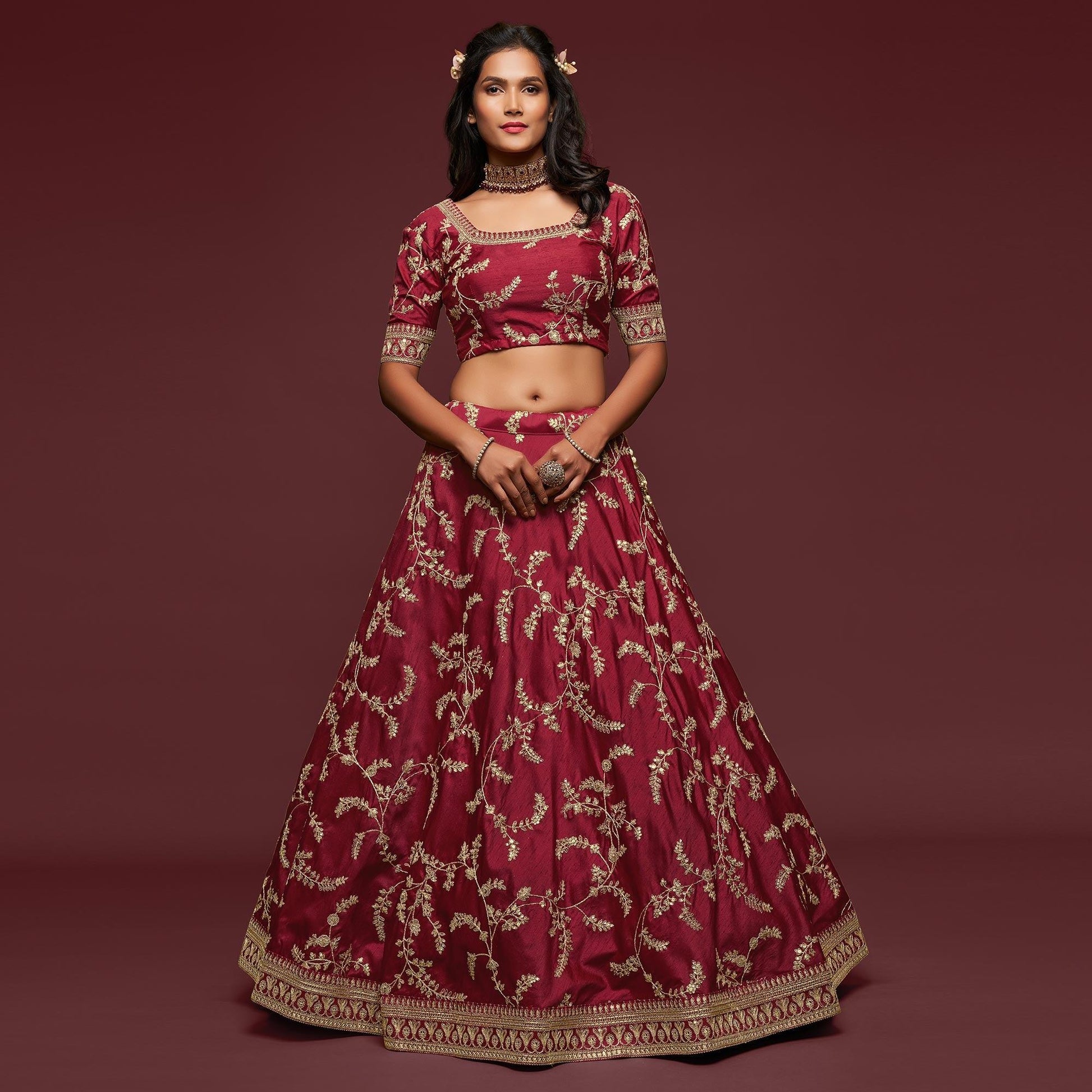 Maroon Wedding Floral Sequins Embroidered Art Silk Lehenga Choli