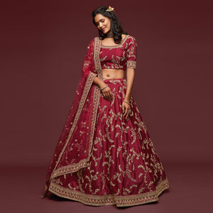 Maroon Wedding Floral Sequins Embroidered Art Silk Lehenga Choli
