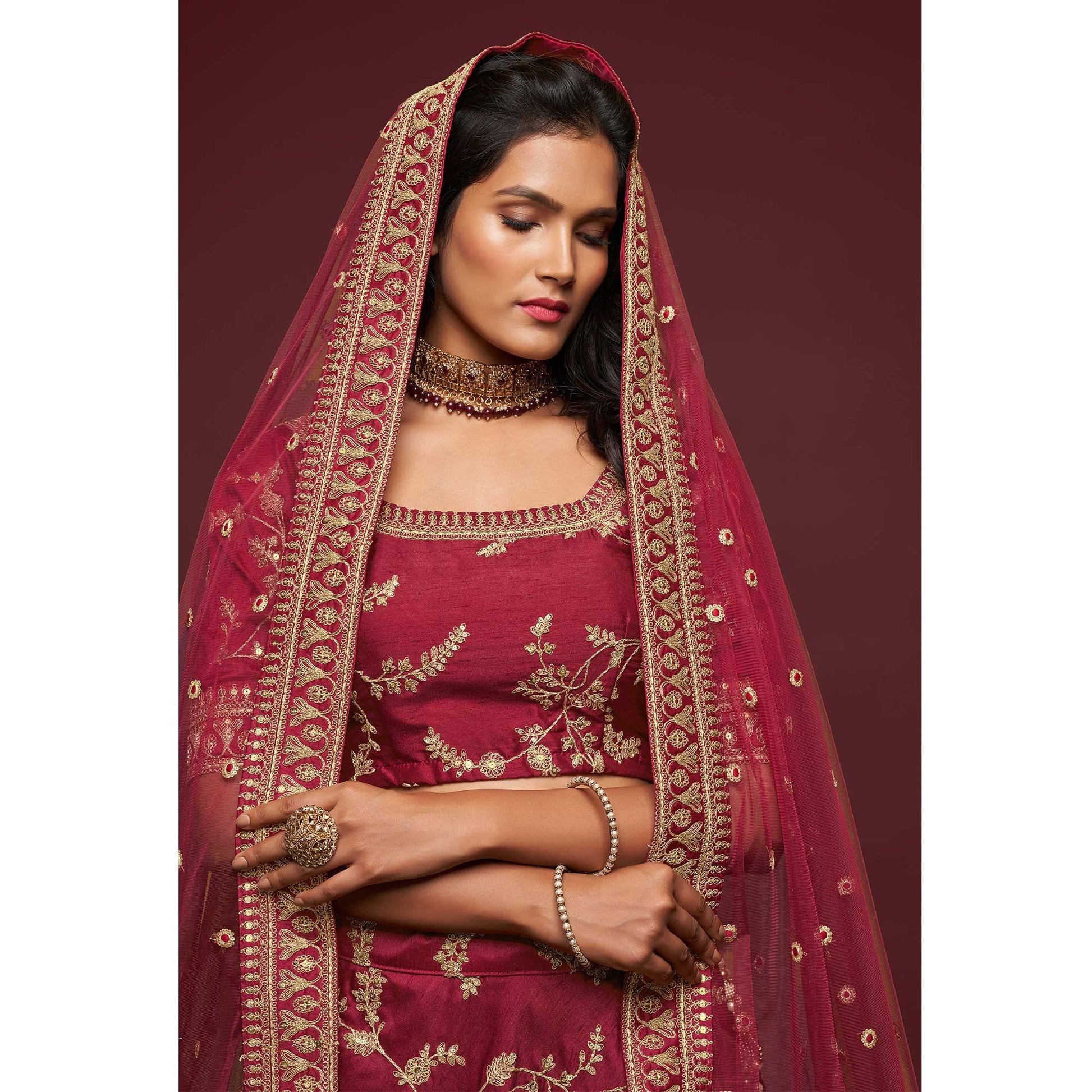 Maroon Wedding Floral Sequins Embroidered Art Silk Lehenga Choli