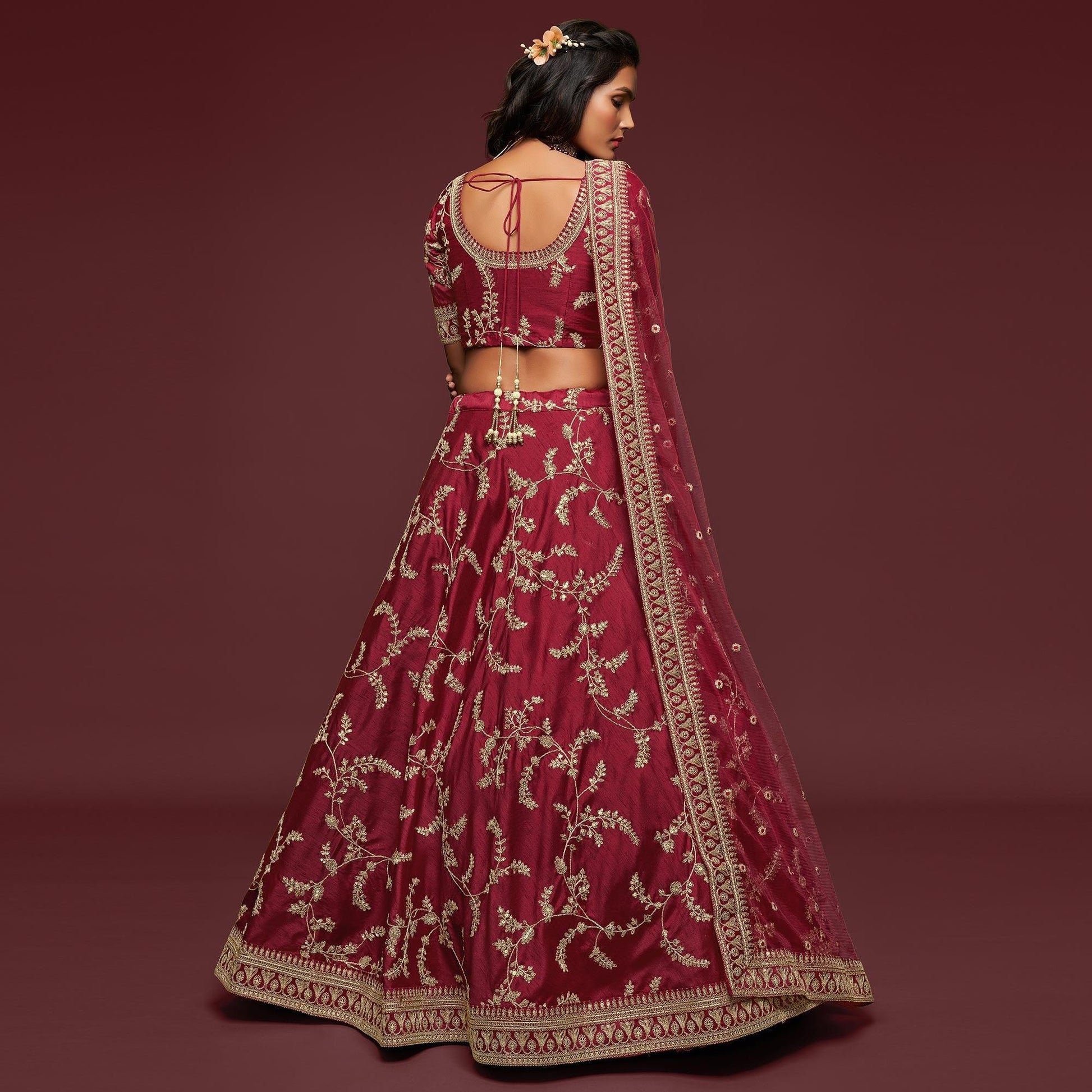Maroon Wedding Floral Sequins Embroidered Art Silk Lehenga Choli