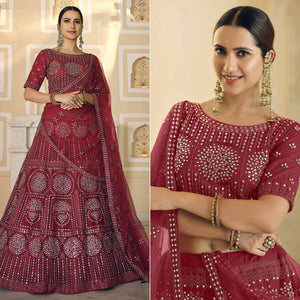 Maroon Wedding Wear Embellished Netted Lehenga Choli