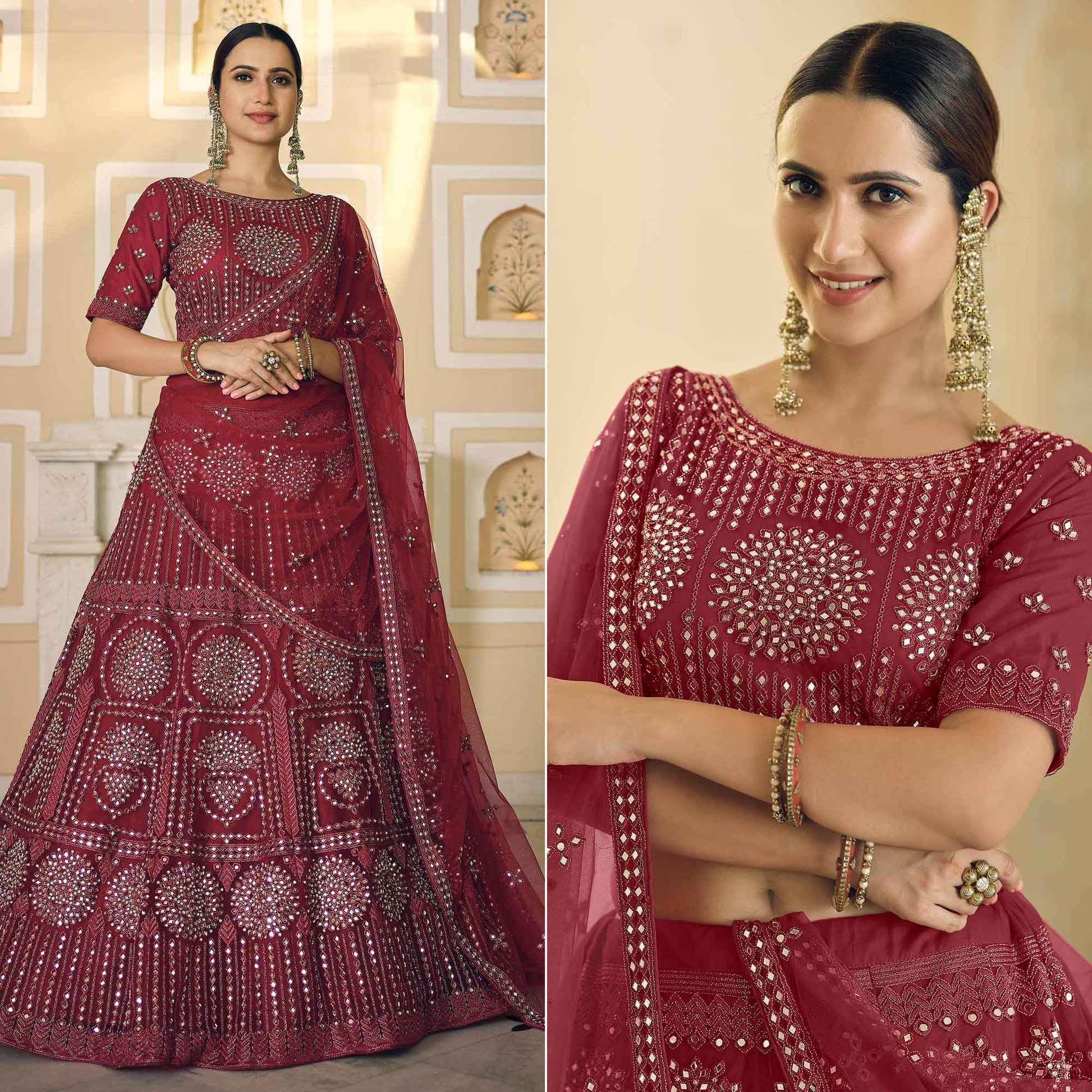 Maroon Wedding Wear Embellished Netted Lehenga Choli