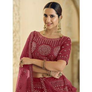 Maroon Wedding Wear Embellished Netted Lehenga Choli