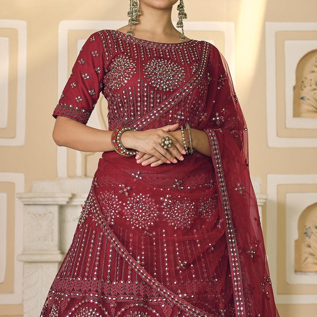 Maroon Wedding Wear Embellished Netted Lehenga Choli