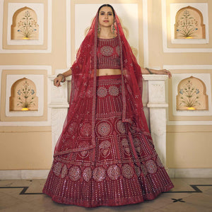 Maroon Wedding Wear Embellished Netted Lehenga Choli