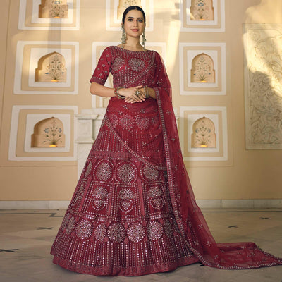 Maroon Wedding Wear Embellished Netted Lehenga Choli