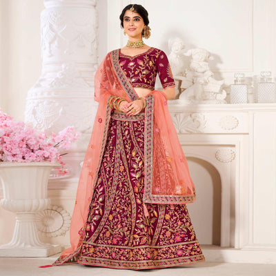 Maroon Wedding Wear Embroidered Silk Lehenga Choli