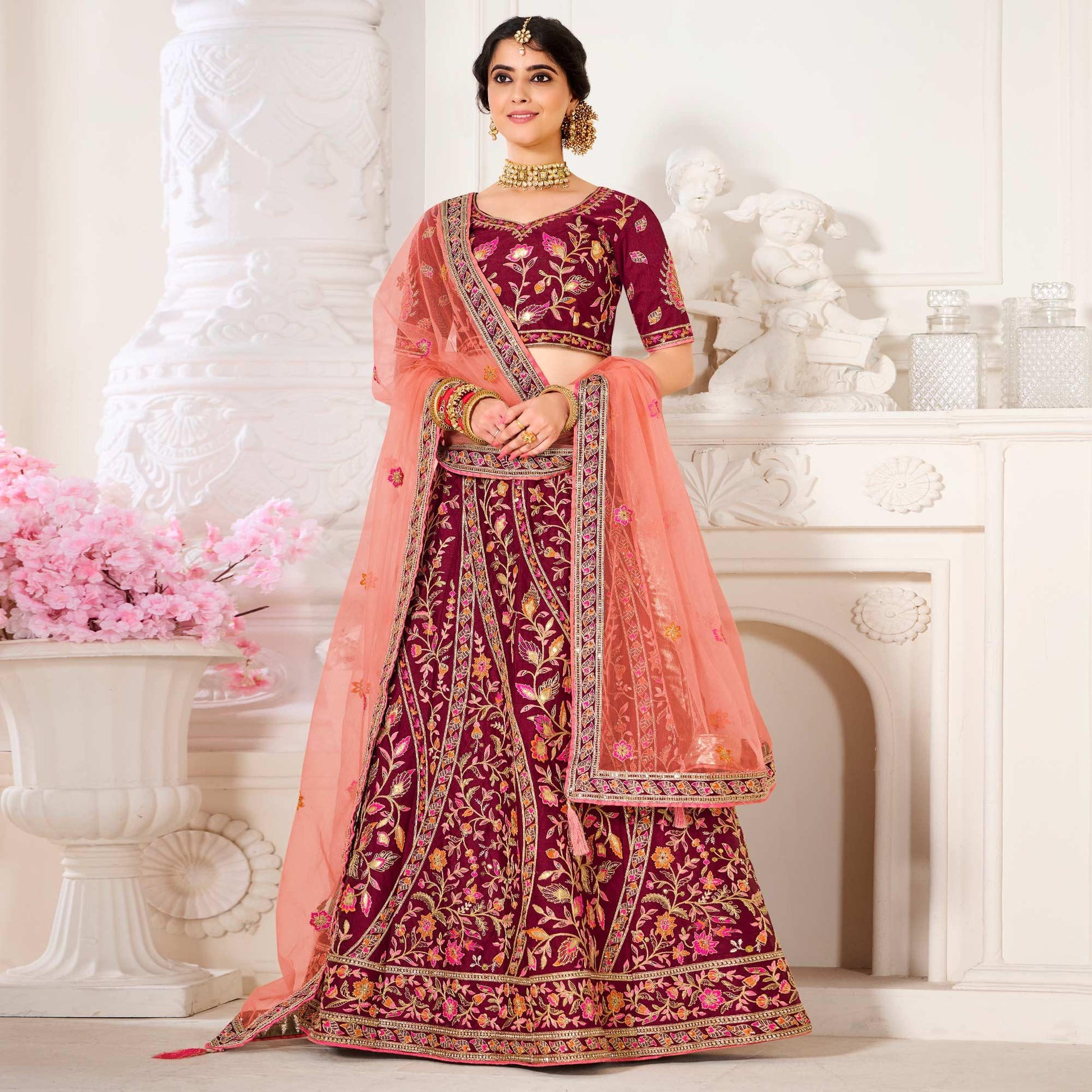 Maroon Wedding Wear Embroidered Silk Lehenga Choli