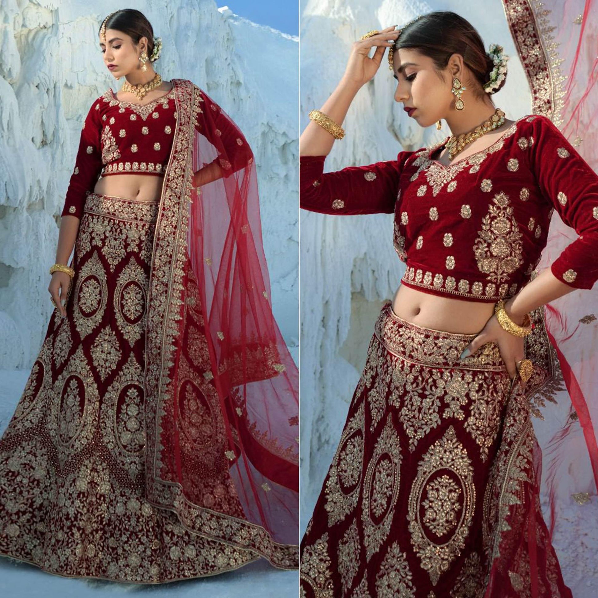 Maroon Wedding Wear Embroidered Velvet Lehenga Choli