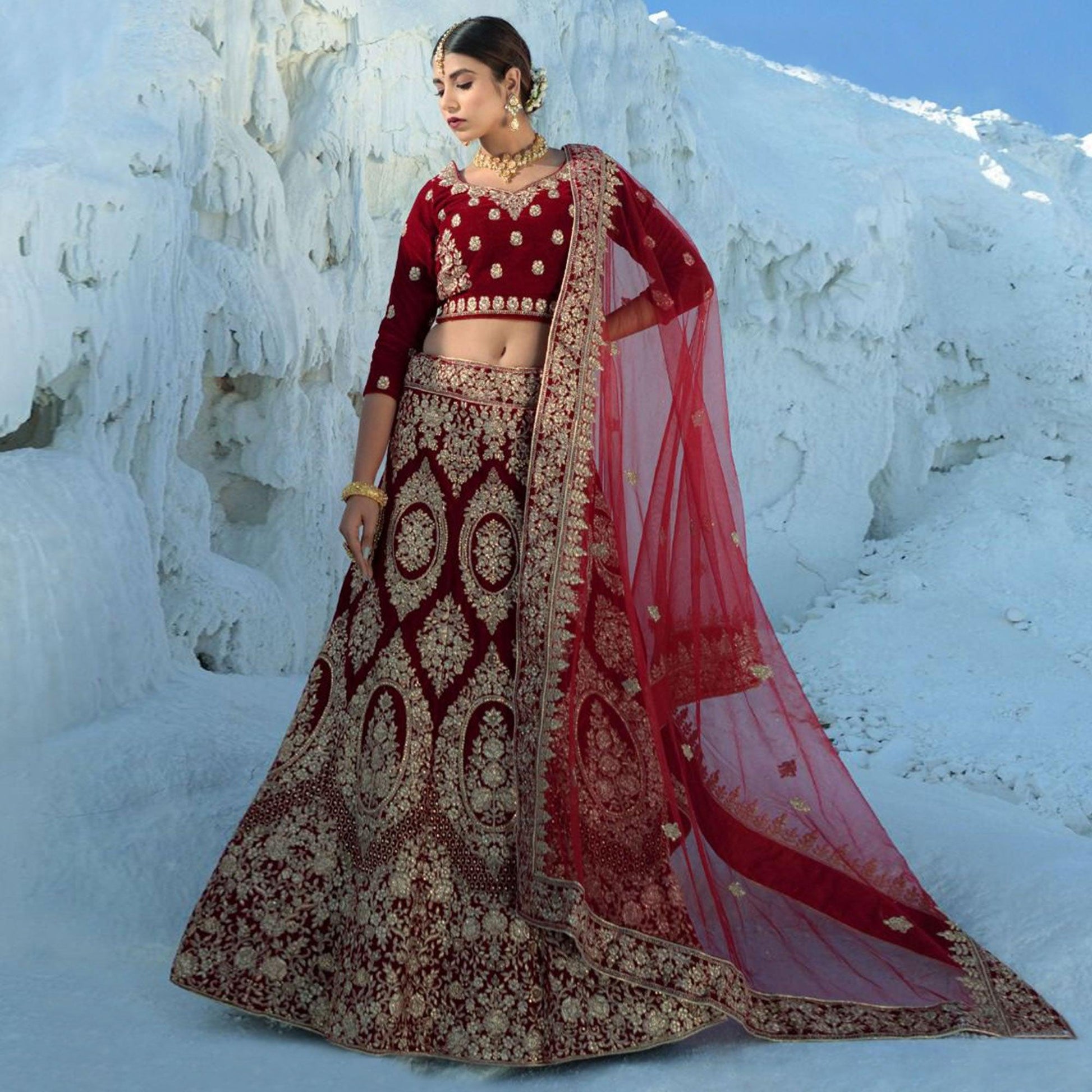 Maroon Wedding Wear Embroidered Velvet Lehenga Choli
