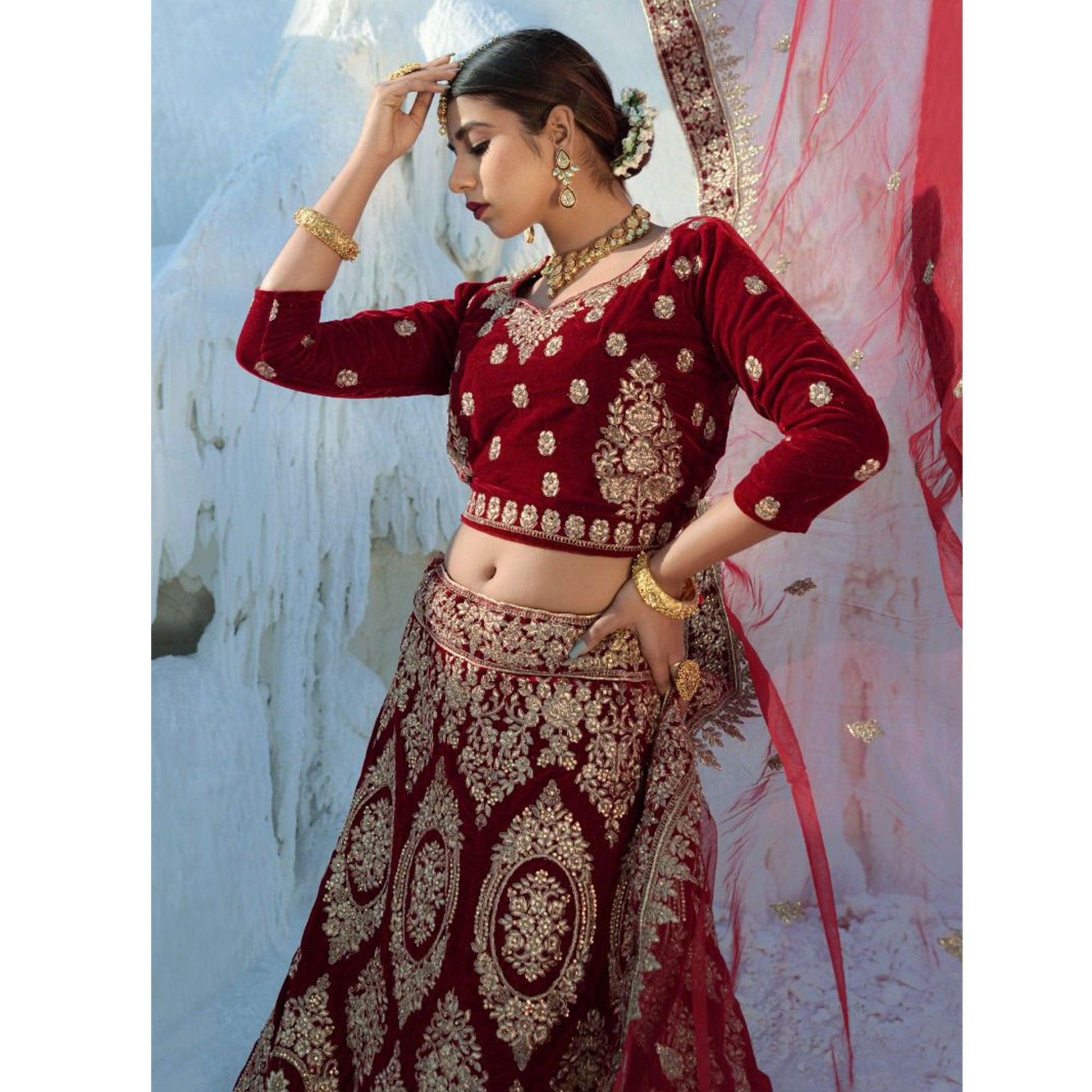 Maroon Wedding Wear Embroidered Velvet Lehenga Choli