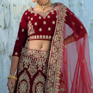 Maroon Wedding Wear Embroidered Velvet Lehenga Choli