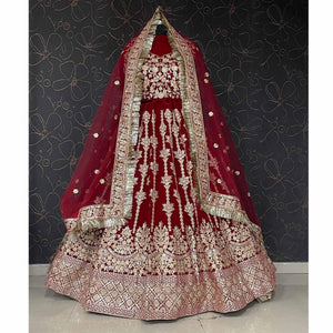 Maroon Wedding Wear Embroidered With Embellished Velvet Lehenga Choli