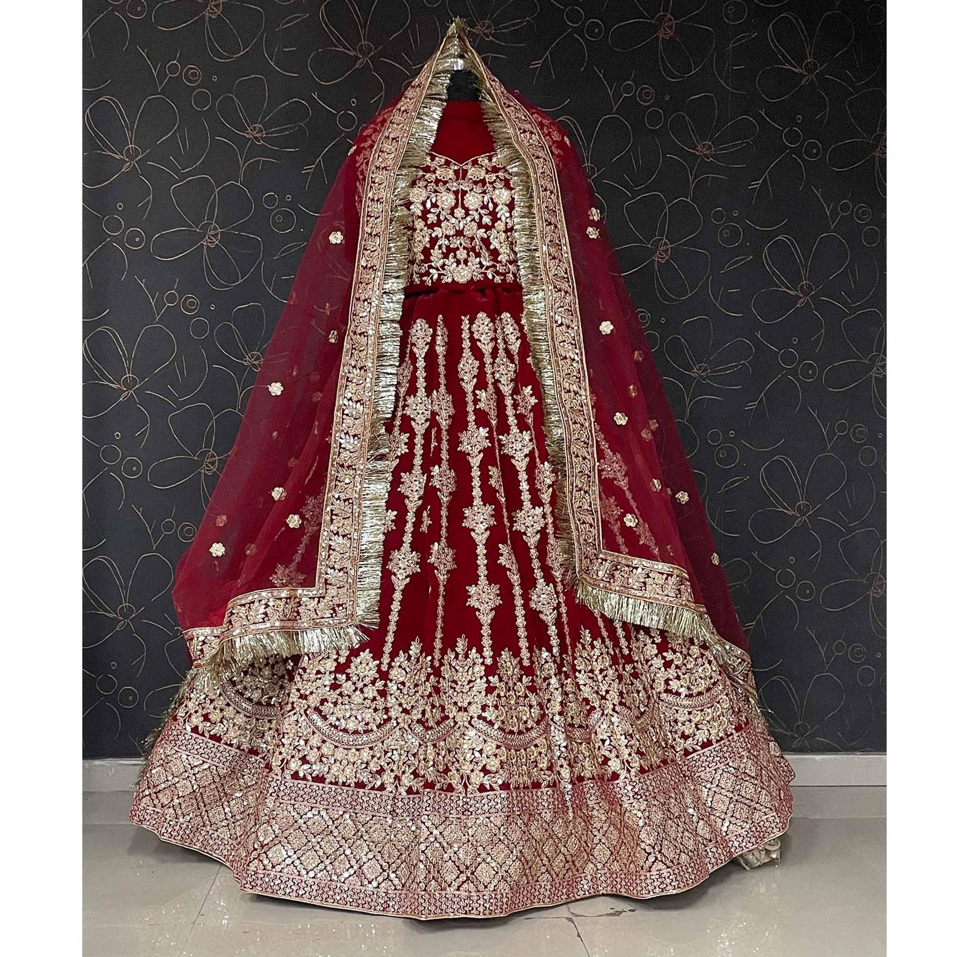 Maroon Wedding Wear Embroidered With Embellished Velvet Lehenga Choli