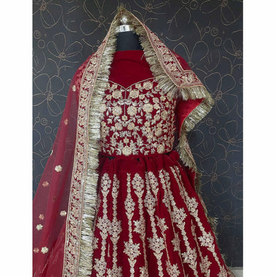 Maroon Wedding Wear Embroidered With Embellished Velvet Lehenga Choli