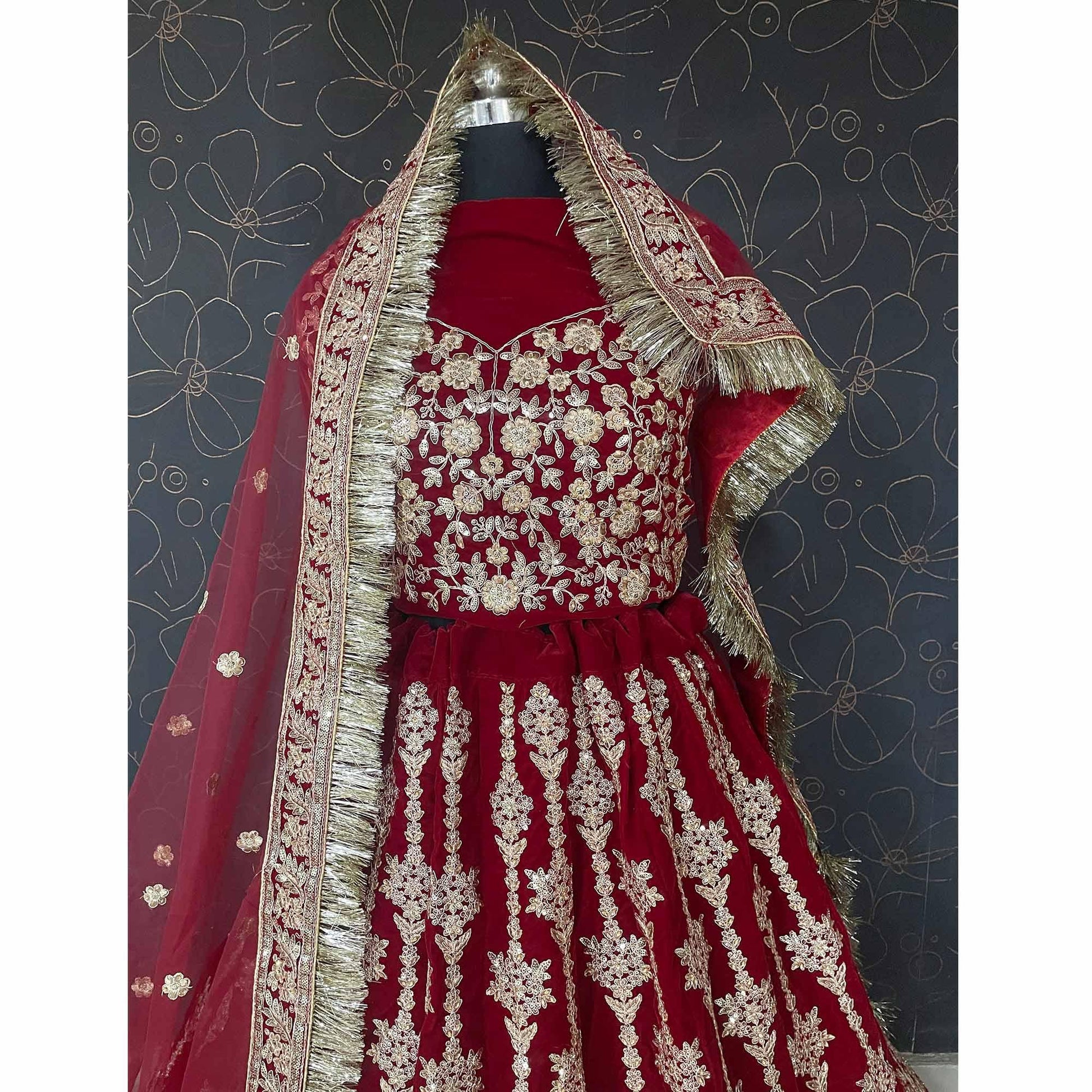 Maroon Wedding Wear Embroidered With Embellished Velvet Lehenga Choli