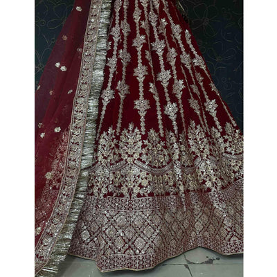 Maroon Wedding Wear Embroidered With Embellished Velvet Lehenga Choli