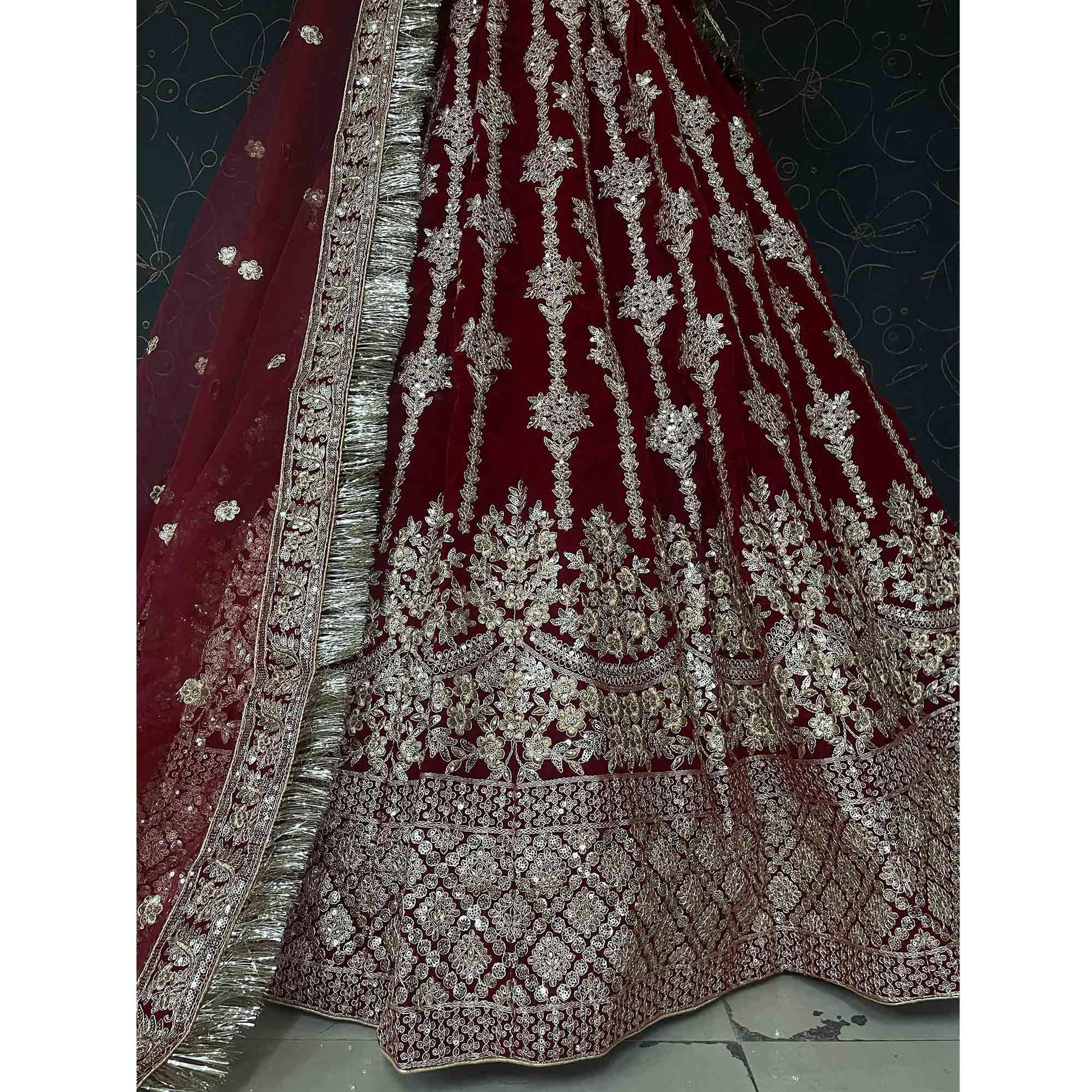 Maroon Wedding Wear Embroidered With Embellished Velvet Lehenga Choli