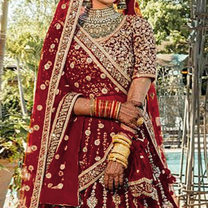Maroon Wedding Wear Embroidered With Embellished Velvet Lehenga Choli
